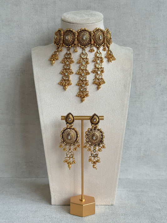 Ayura Designs Kabini Choker Set with Earrings – Gold Kundan Waterfall Choker with Ivory Pearls