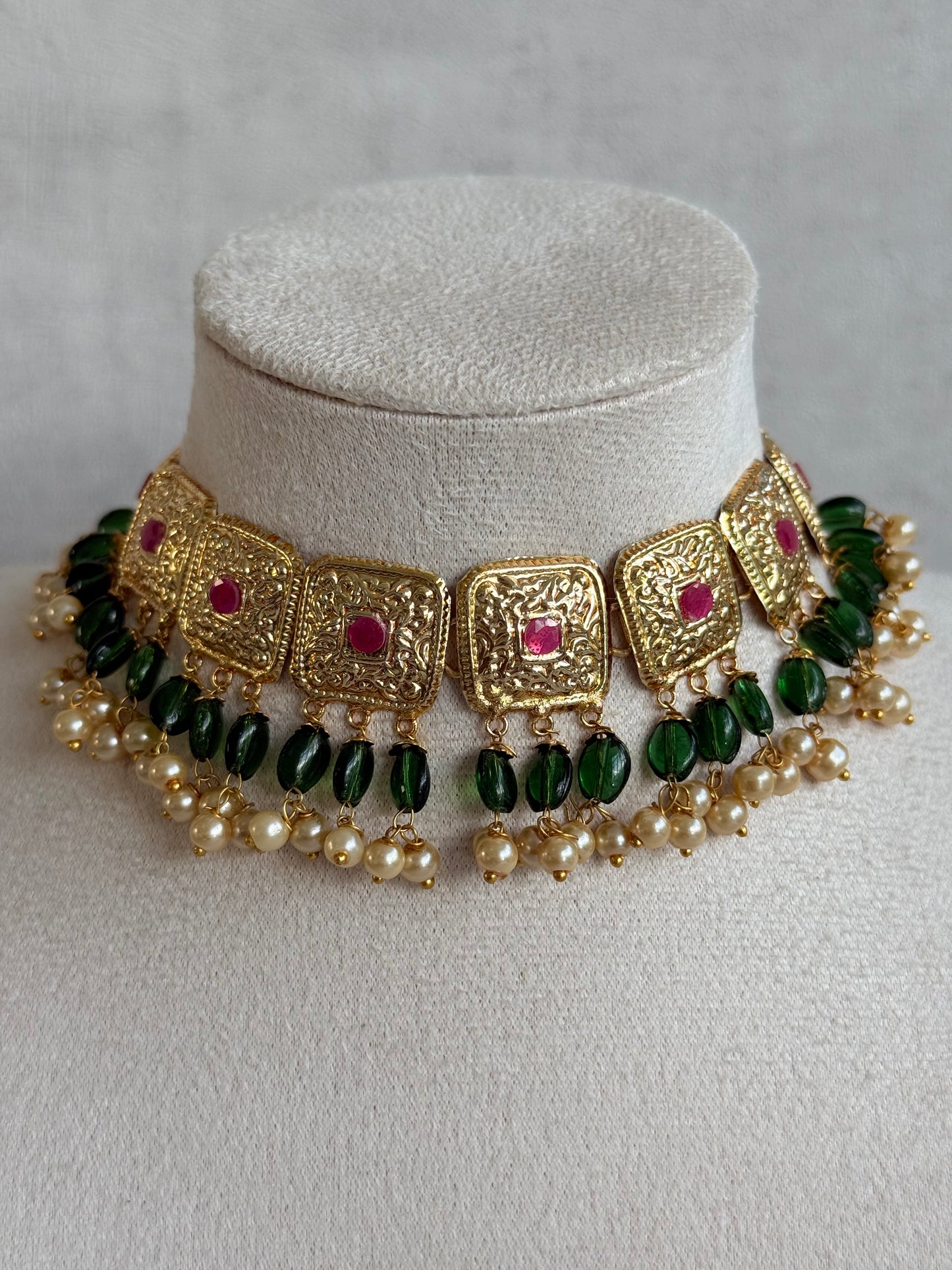 Ayura Designs Chetna Choker Set with Earrings & Tikka – Emerald Green Beads, Cream Pearl Drops with Pipal Patti Detailing