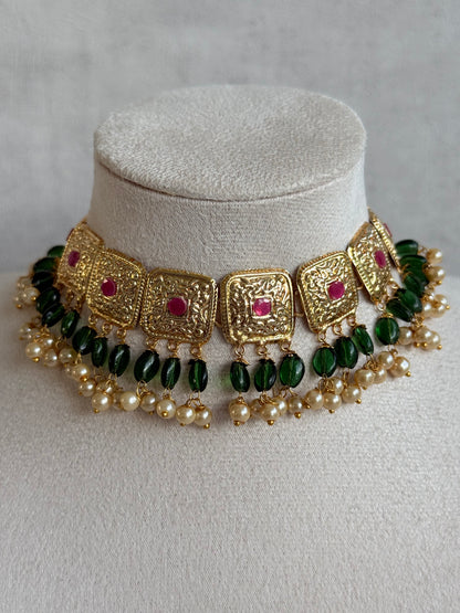 Ayura Designs Chetna Choker Set with Earrings & Tikka – Emerald Green Beads, Cream Pearl Drops with Pipal Patti Detailing
