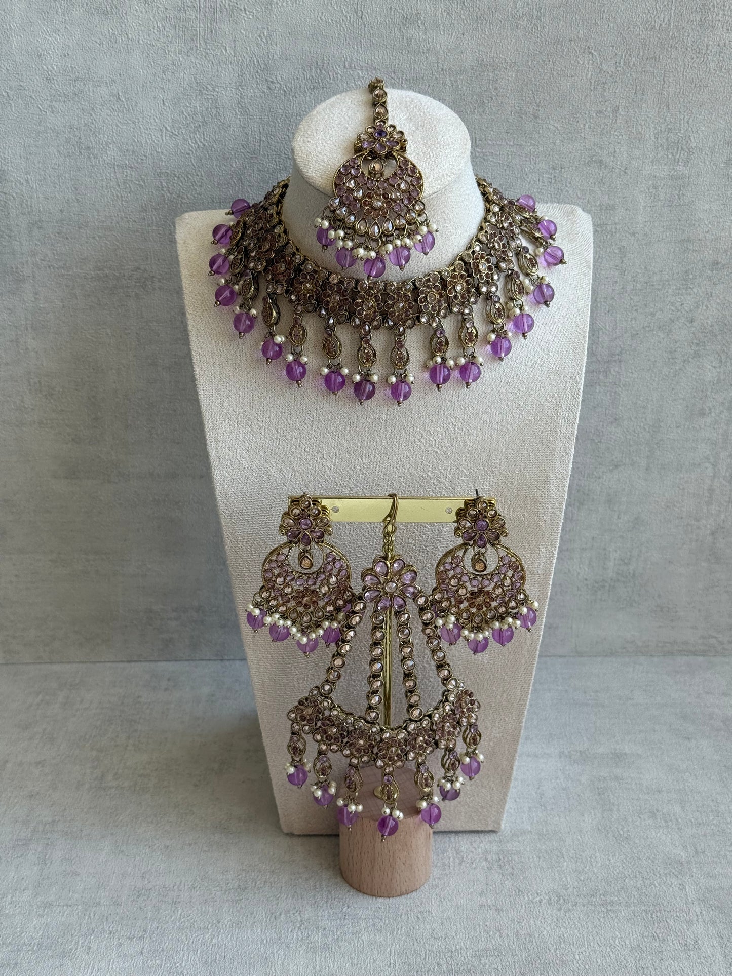 Ayura Designs Nehaat Set with Choker, Earrings, Tikka & Passa – Antique Gold with Lavender Beads, Pearls & Kundan Detailing