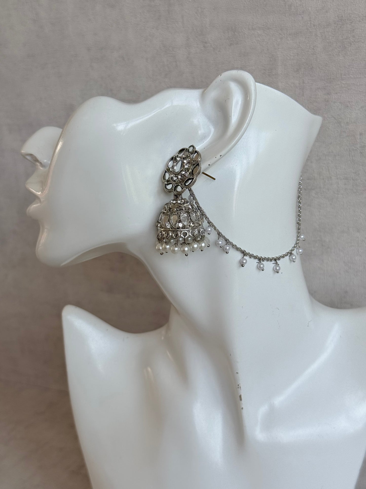 Ayura Designs Mira Jhumkis – Silver Mirror-Cut Earrings with Detachable Single-Layer Pearl Sahare