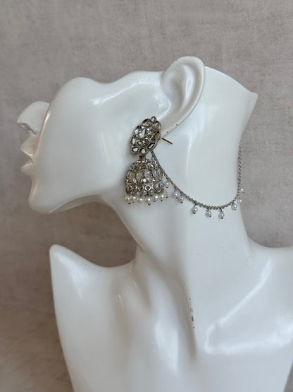 Ayura Designs Mira Jhumkis – Silver Mirror-Cut Earrings with Detachable Single-Layer Pearl Sahare