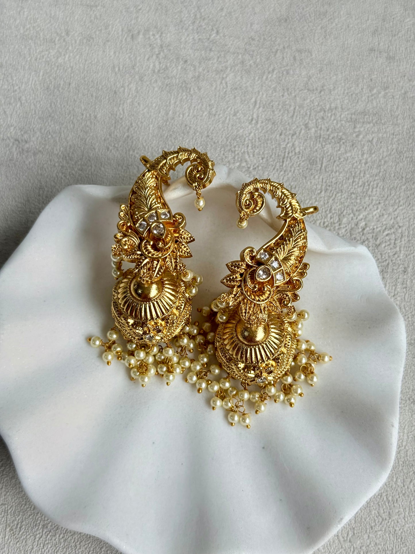 Ayura Designs Anika Jhumkis – Gold Half Ear Cuffs with Floral Motif, Kundan Crystals & Pearl Jhumka Drops
