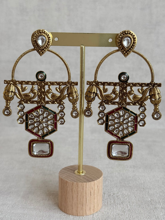 Ayura Designs Irene Earrings – Green & Pink Kundan, Meenakari & Crystal Peacock Chandeliers in Gold