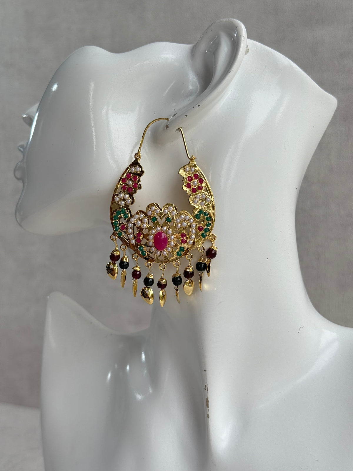 Ayura Designs Nimrat Balis – Pink & Multicolour Stones with Maroon & Green Beads and Pippal Patti Detailing