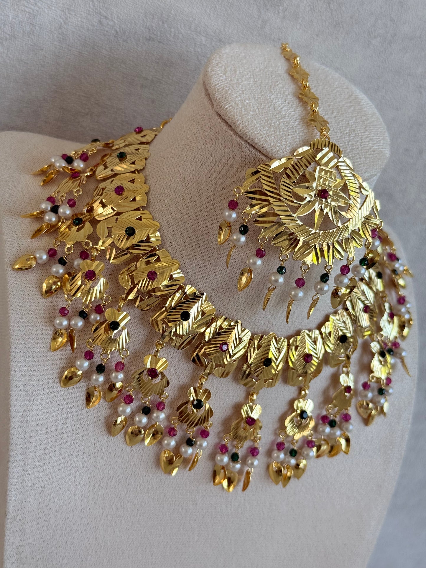 Ayura Designs Baisakhi Set with Earrings & Tikka – Gold Pipal Patti Design with Ruby Pink, Emerald Green & Pearl Detailing