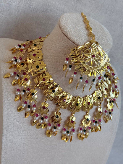 Ayura Designs Baisakhi Set with Earrings & Tikka – Gold Pipal Patti Design with Ruby Pink, Emerald Green & Pearl Detailing