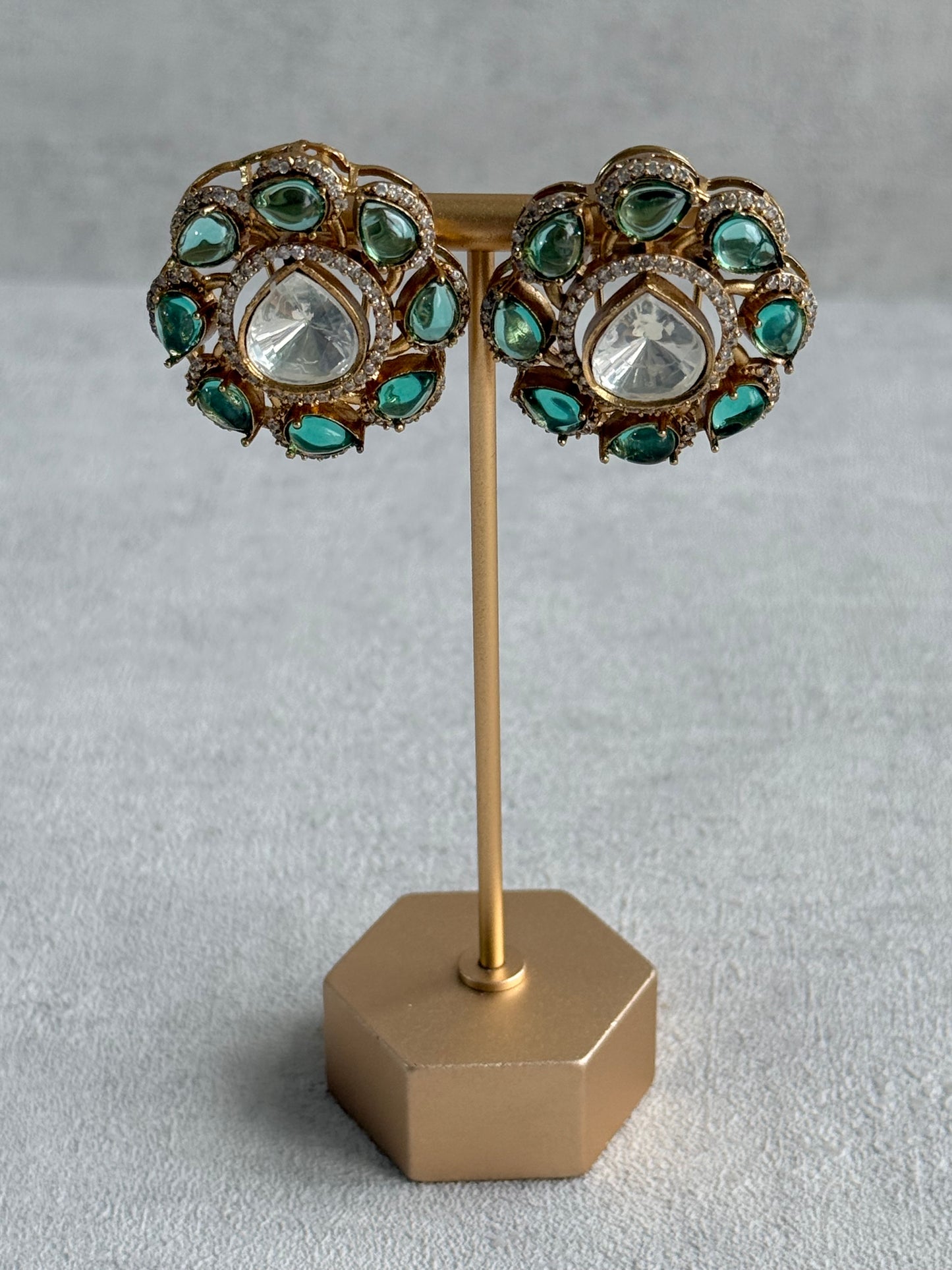 Ayura Designs Giana Stud Earrings – Aqua Green & Crystal Kundan with Gold Finish