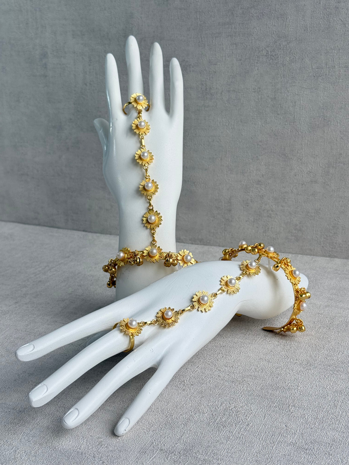 Ayura Designs Avanti Haathphool Set of 2 – Gold Finish Floral Hand Harness with Ivory Pearls & Ghungroo Detailing