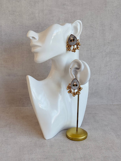 Ayura Designs Aykai Earrings – Grey Carved Teardrop Stud Earrings with Clear Kundan Stones and Gold Ghungroo Drops