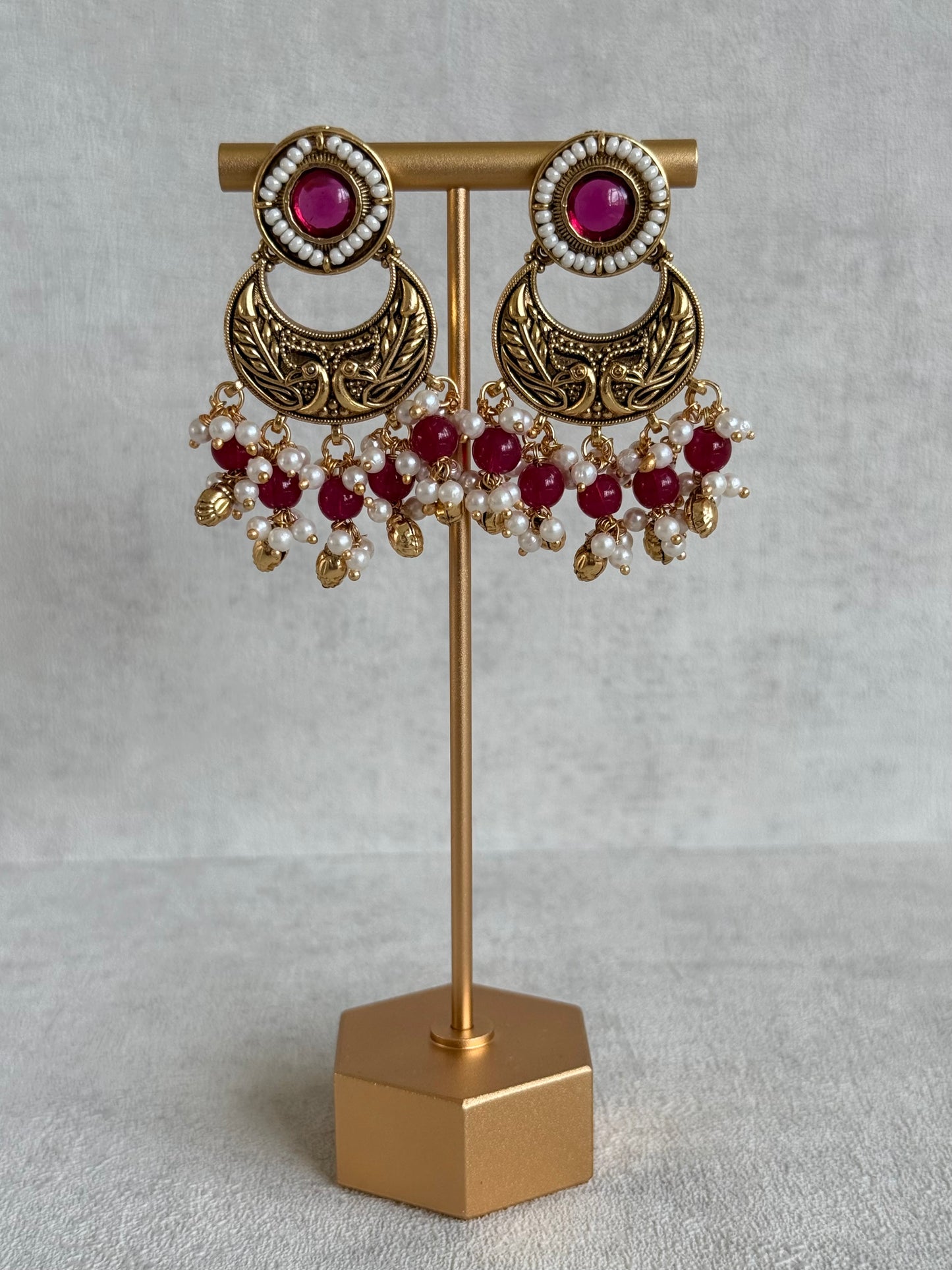 Ayura Designs Mehr Choker Set with Earrings & Tikka – Ruby Pink Stones, Ruby Pink Beads, Pearl Strands & Antique Gold Finish