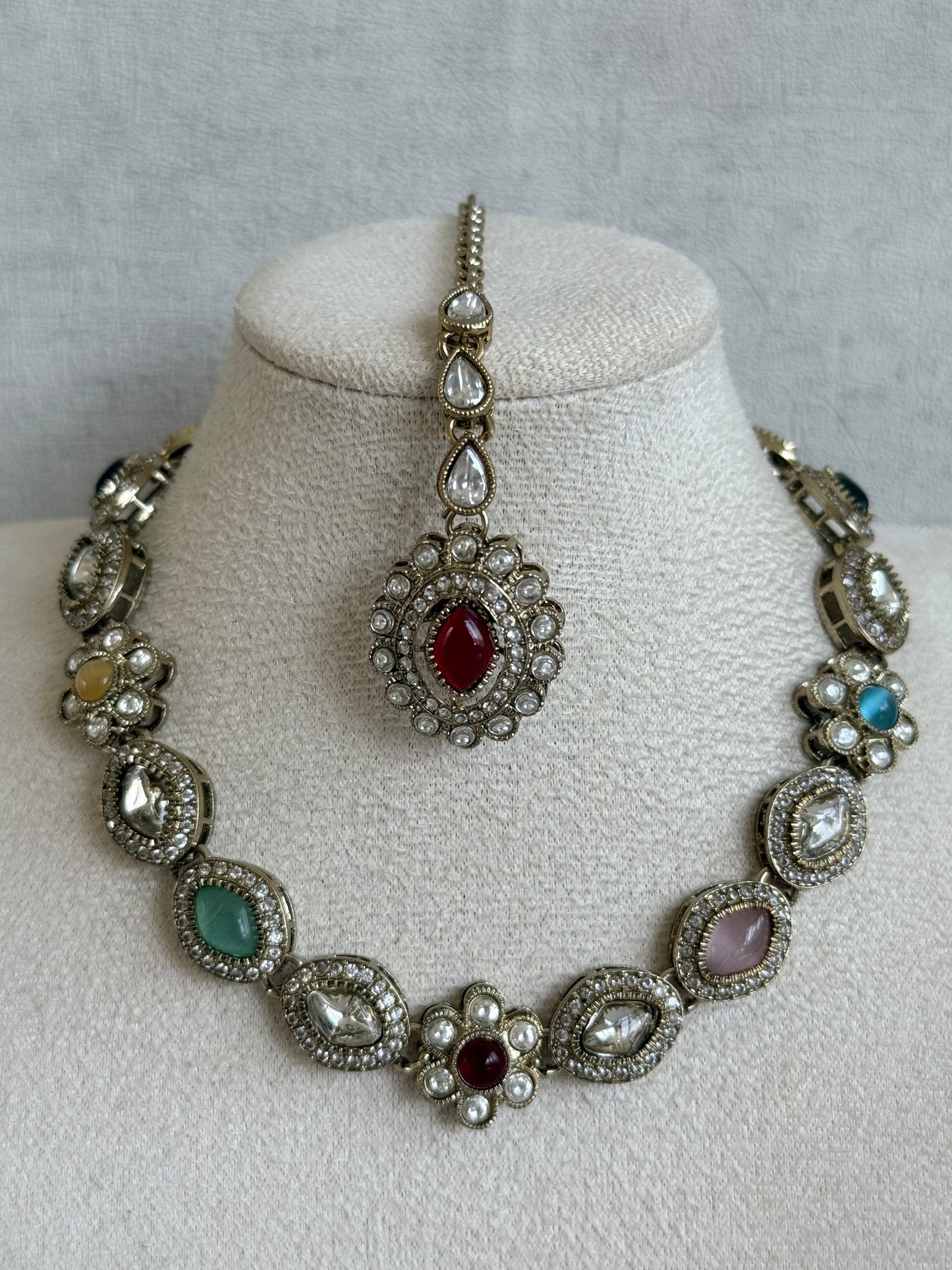 Ayura Designs Ivy Necklace Set with Studs & Tikka – Multicolour Kundan Detailing
