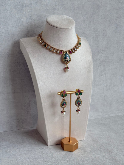 Ayura Designs Lamees Necklace Set with Earrings – Green Enamel, Emerald Green & Ruby Pink Stones with Pearl Drops