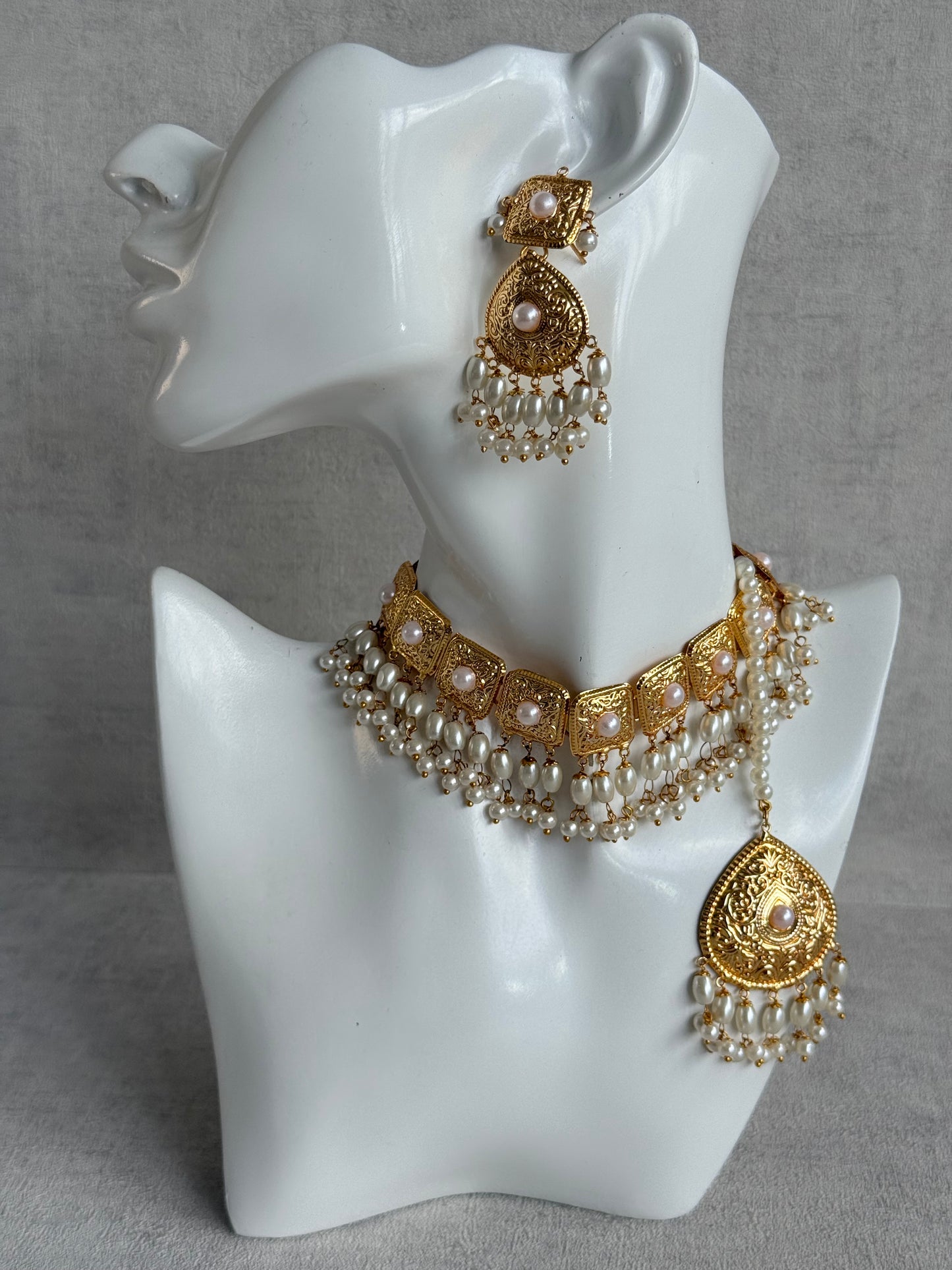 Ayura Designs Chetna Choker Set with Earrings & Tikka – Ivory Pearl Beads & Pearl Drops with Pipal Patti Detailing
