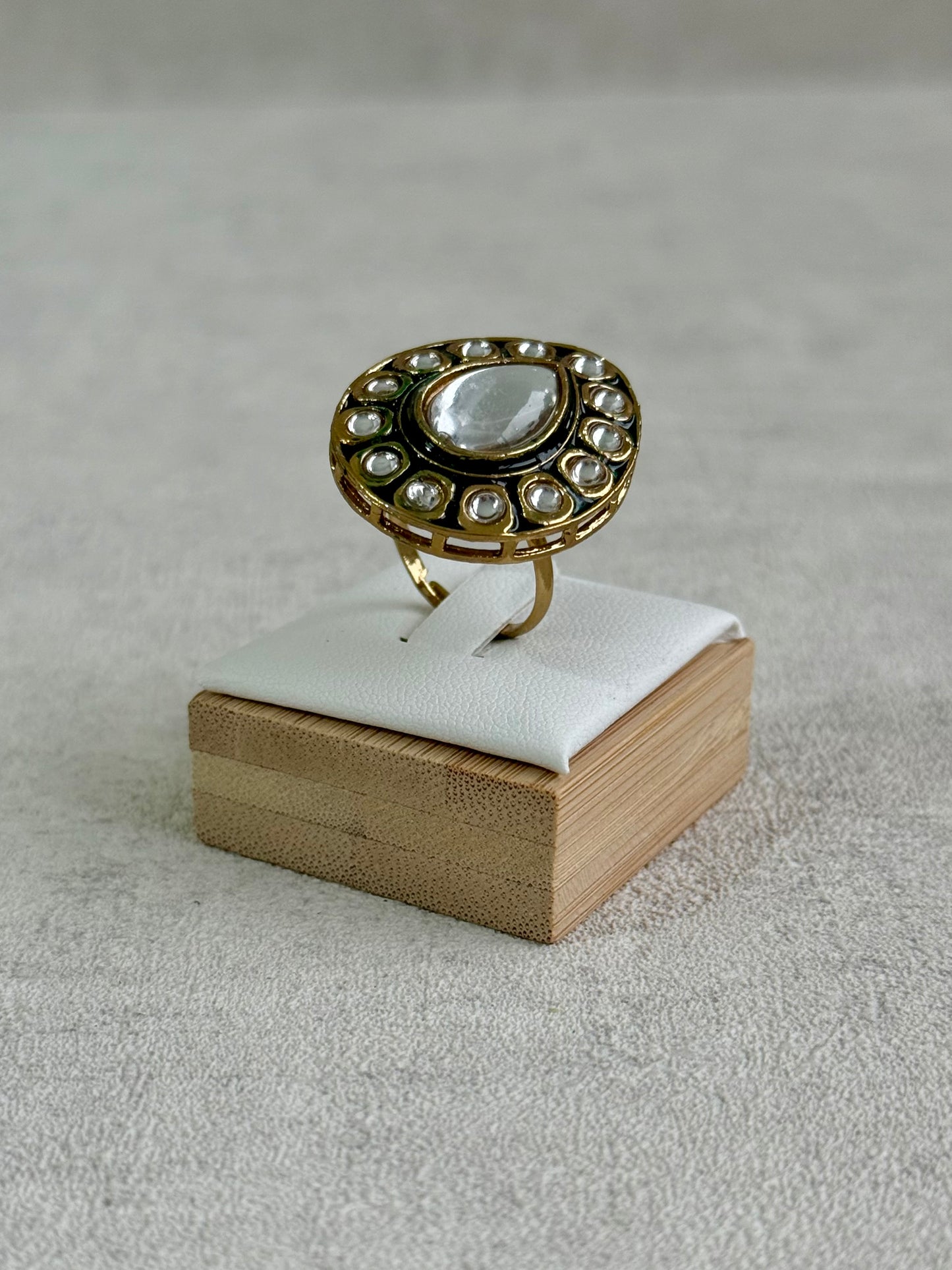 Ayura Designs Kalika Set with Necklace, Earrings, Tikka & Ring – Polki-Style Stones with Antique Green Enamel Detailing & Pearl Drops