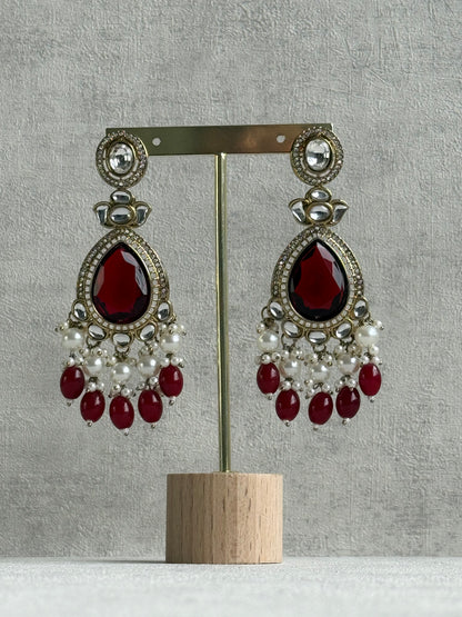 Ayura Designs Nageen Earrings – Antique Gold Jhumkis with Ruby Red Stones, Mirror-Cut Accents & Pearl Drops