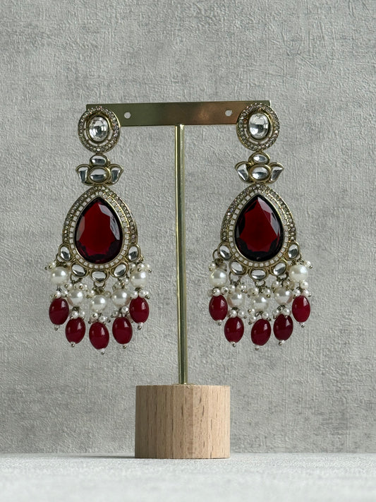 Ayura Designs Nageen Earrings – Antique Gold Jhumkis with Ruby Red Stones, Mirror-Cut Accents & Pearl Drops