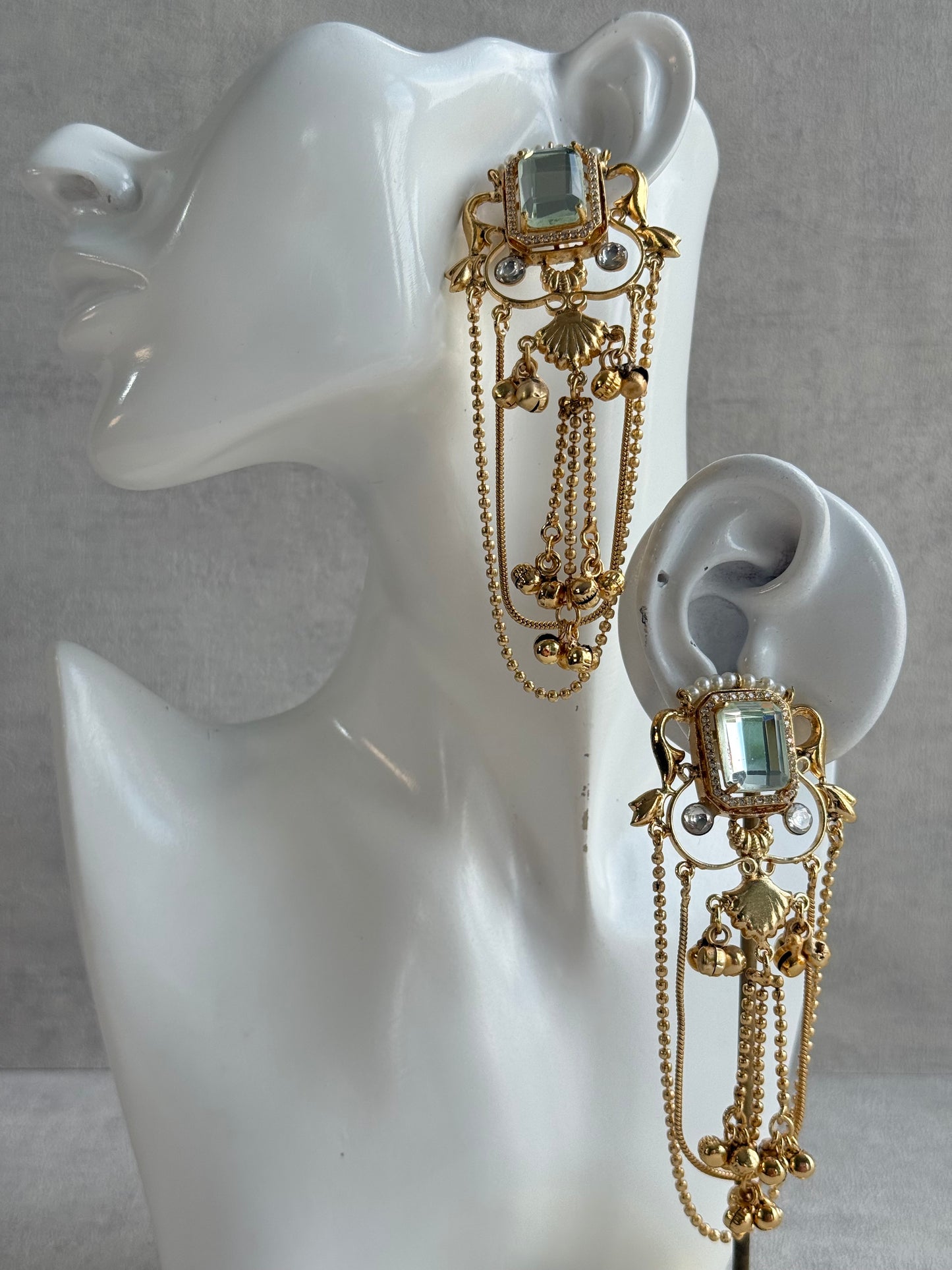 Ayura Designs Jaid Earrings – Crystal Floral Motif with Layered Chains & Ghungroos