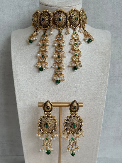 Ayura Designs Kabini Choker Set with Earrings – Gold Kundan Waterfall Choker with Emerald Green Beads & Pearls
