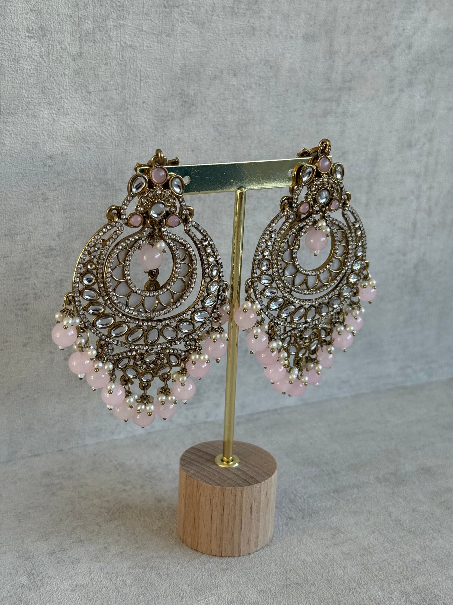 Ayura Designs Rabia Chandbalis – Antique Gold Kundan Earrings with Blush Pink Beads, Pearls & Attached Sahare