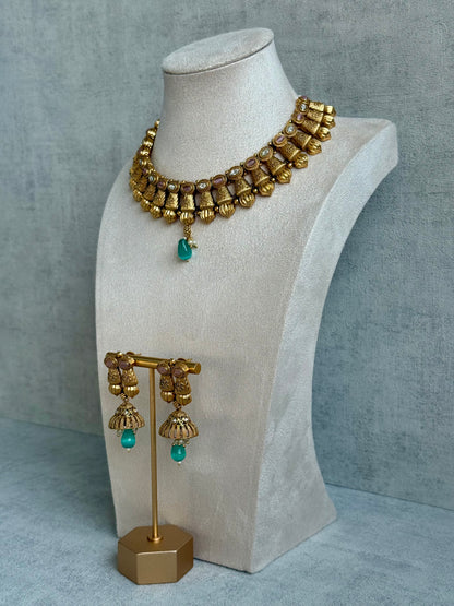 Ayura Designs Aima Necklace Set with Earrings – Antique Gold with Blush Pink & Aqua Green Stones