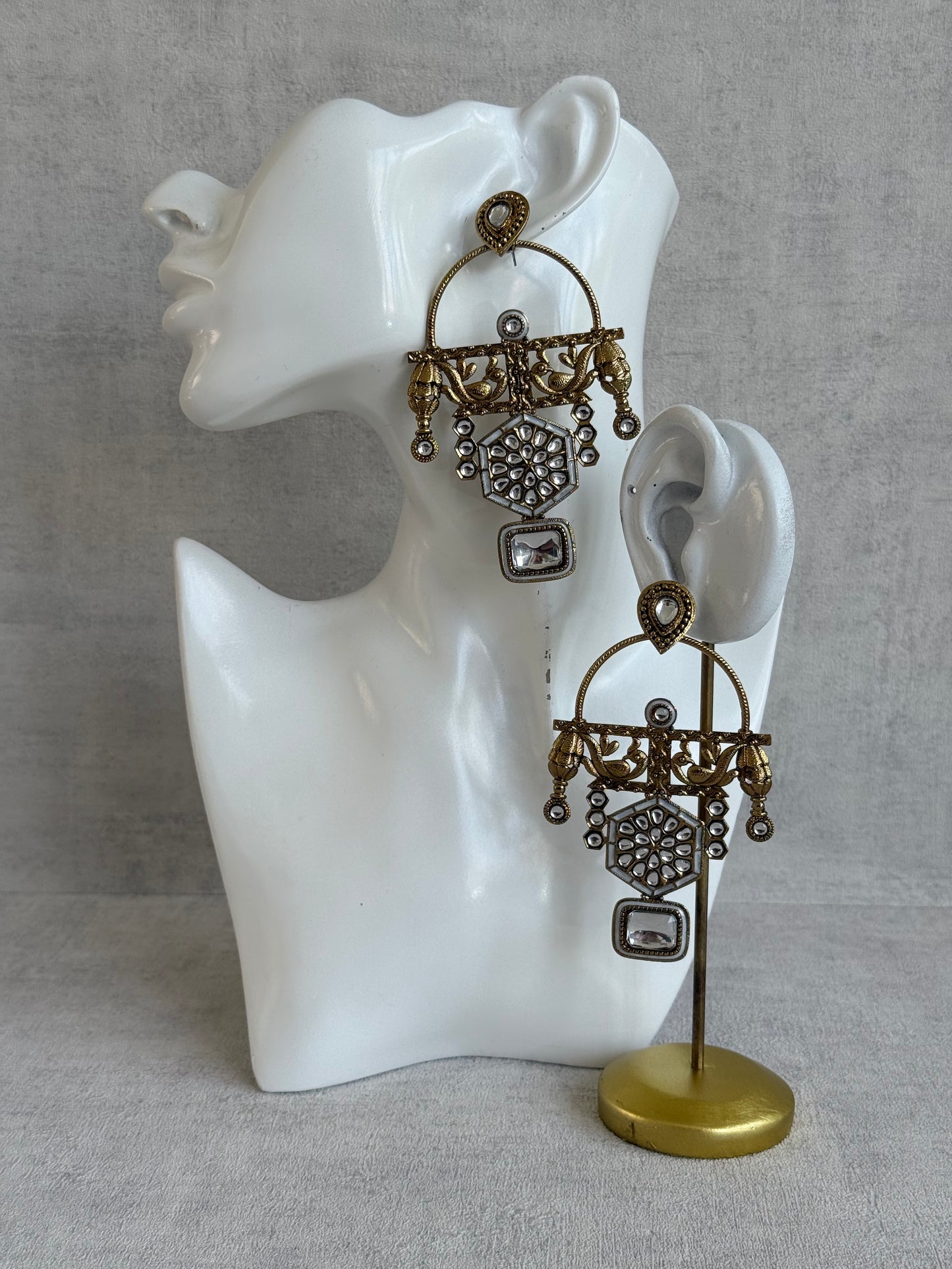 Ayura Designs Irene Earrings – Ivory Kundan, Meenakari & Crystal Peacock Chandeliers in Gold