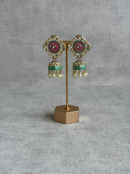 Ayura Designs Rangoli Jhumkis – Mint Green & Hot Pink Meenakari with Pearl Drops in Antique Gold Finish