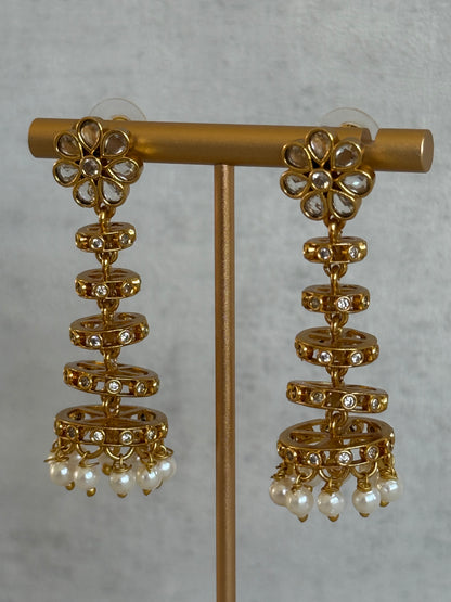 Ayura Designs Adira Jhumkis – Gold Floral Jhumkis with Layered Crystal Rings & Pearl Drops