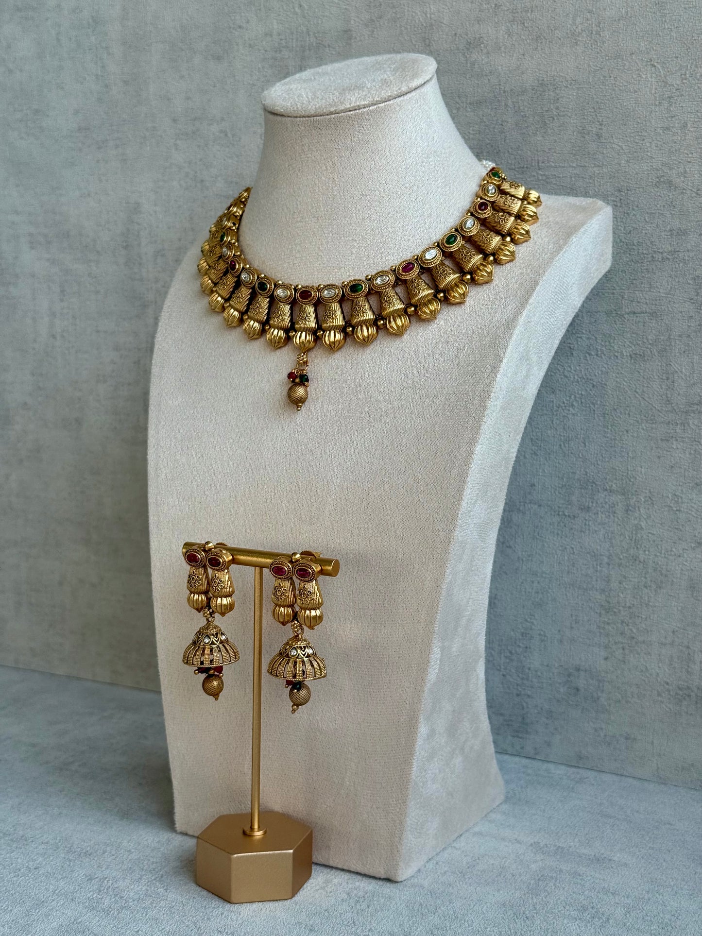 Ayura Designs Aima Necklace Set with Earrings – Antique Gold with Rani Pink & Emerald Green Stones