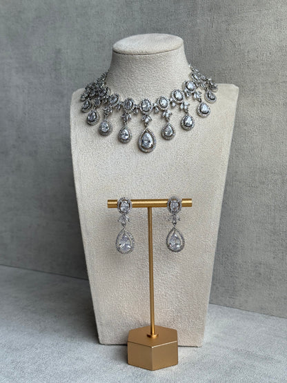 Ayura Designs Grace Set with Necklace & Earrings – Pear-Cut Moissanite Stones, Halo Detailing & Antique Silver Finish