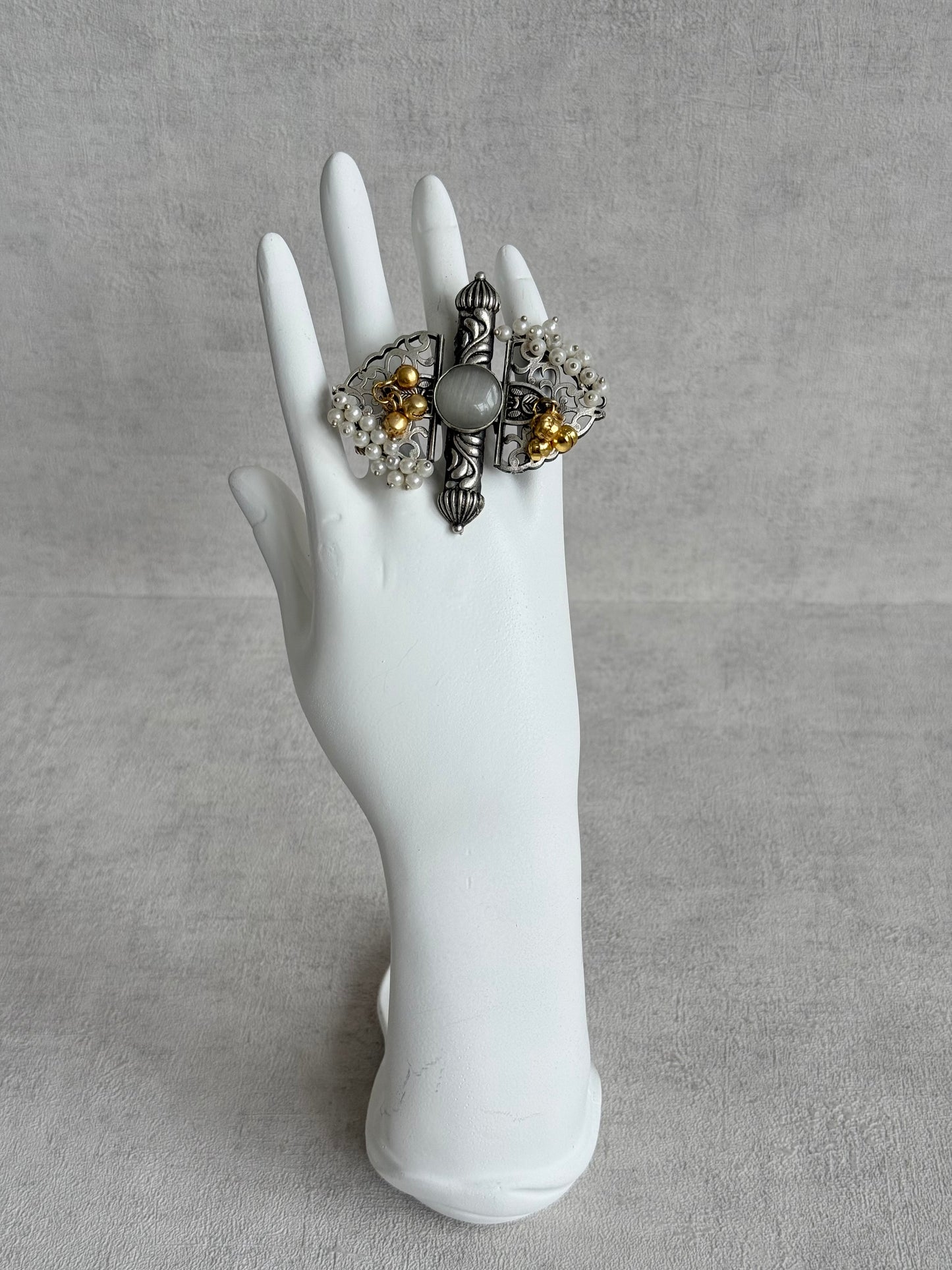 Ayura Designs Arshia Adjustable Ring – Oxidised Statement Ring with Pearl Detailing, Grey Stone & Ghungroo Charms