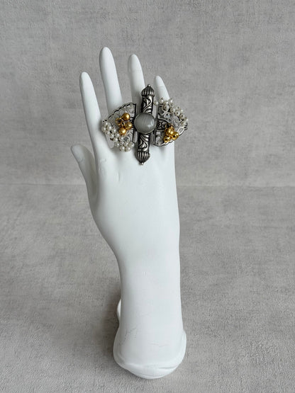 Ayura Designs Arshia Adjustable Ring – Oxidised Statement Ring with Pearl Detailing, Grey Stone & Ghungroo Charms