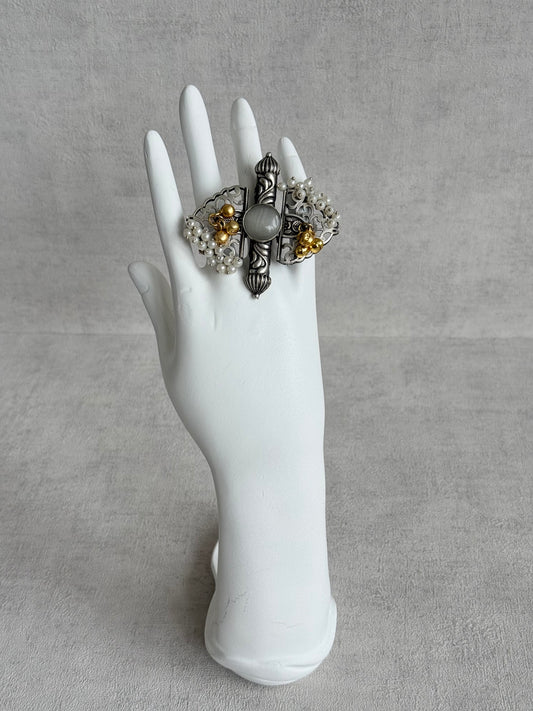 Ayura Designs Arshia Adjustable Ring – Oxidised Statement Ring with Pearl Detailing, Grey Stone & Ghungroo Charms
