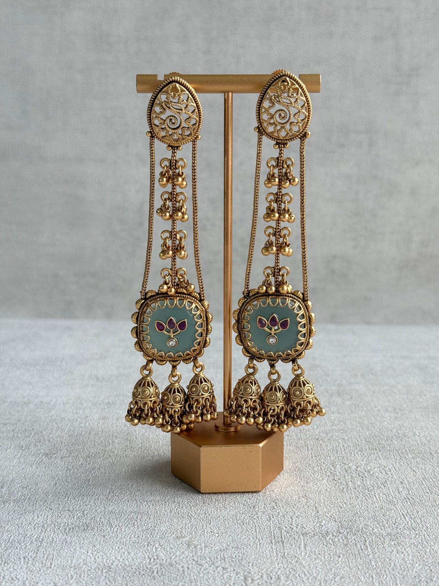 Ayura Designs Ihana Earrings – Mint Green Enamel with Pink Kundan, Ghungroo & Jhumki Detailing