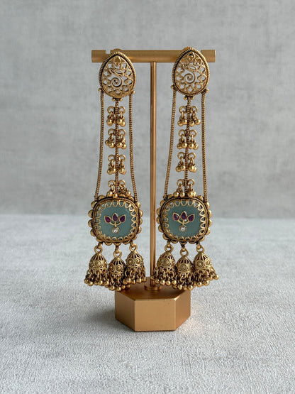 Ayura Designs Ihana Earrings – Mint Green Enamel with Pink Kundan, Ghungroo & Jhumki Detailing