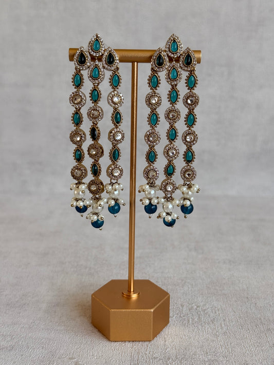 Ayura Designs Emilia Earrings – Gold Triple Strand Statement Earrings with Peacock Blue Stones & Pearl Drops