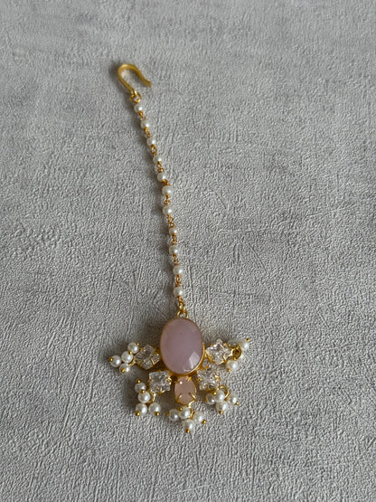 Ayura Designs Parisa Set with Tikka & Earrings – Rose Quartz, Crystals & Pearls