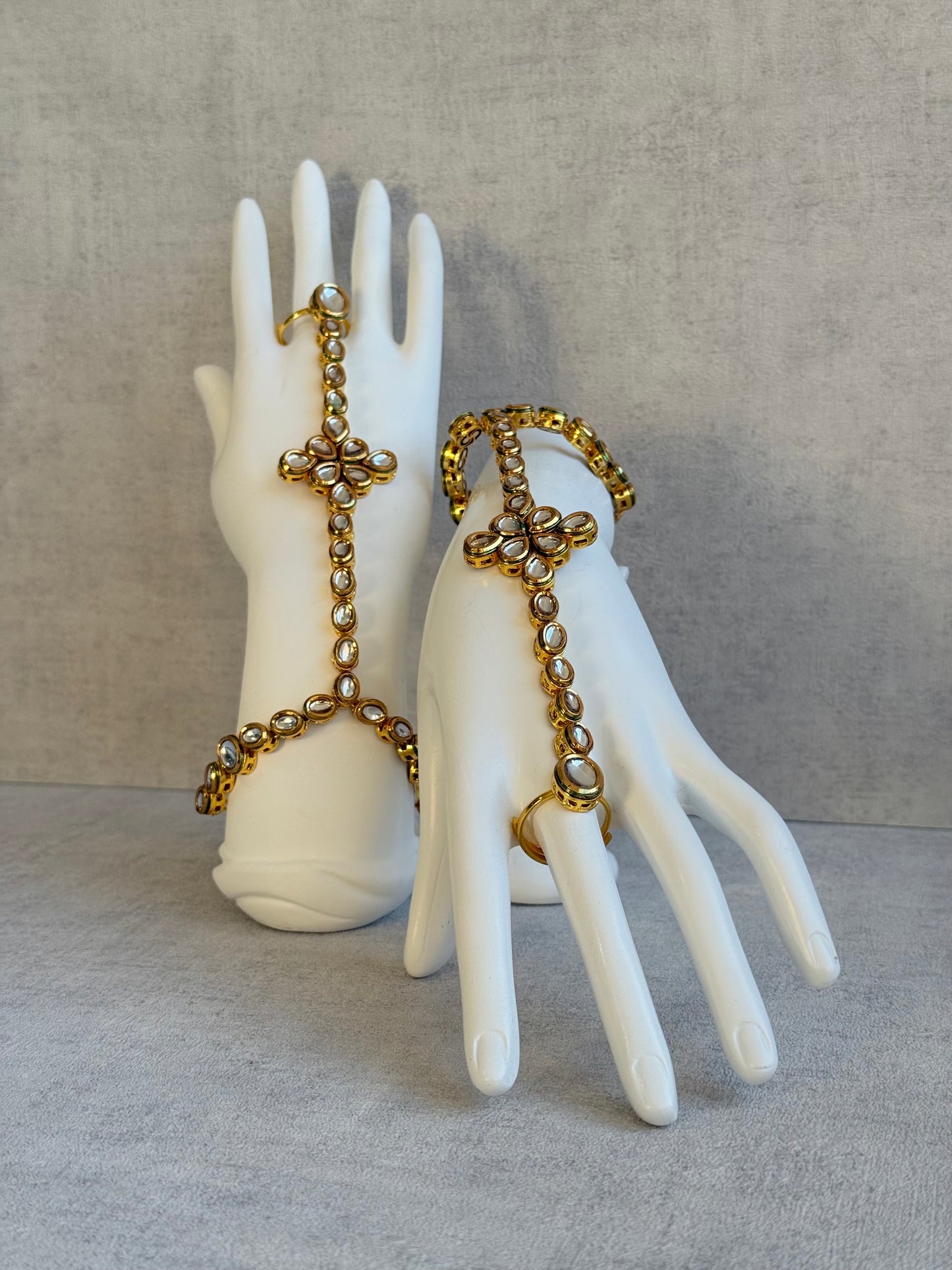 Ayura Designs Raina Haathphool – Kundan Hand Ornament with Floral Motif & Enamel Detailing