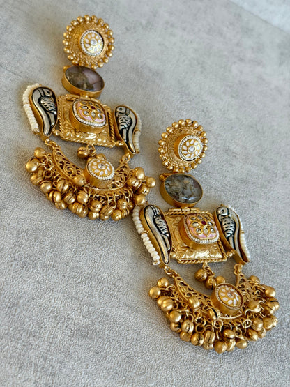 Ayura Designs Soha Earrings – Antique Gold with Smoky Grey Stone & Oxidised Parrots