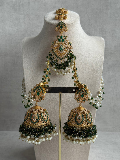 Ayura Designs Safia Tikka Set with Sahare Earrings – Emerald Green Beads & Champagne Crystals