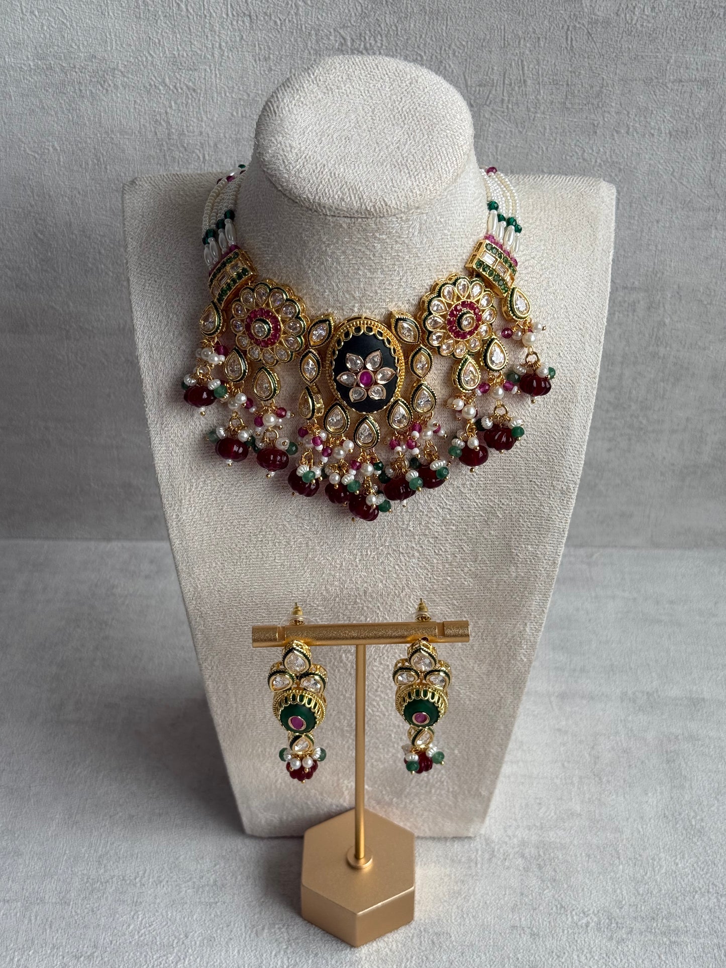Ayura Designs Kavia Set – Necklace & Earrings with Kundan Stones, Green Enamel, Ruby & Emerald Beads, and Pearl Detailing