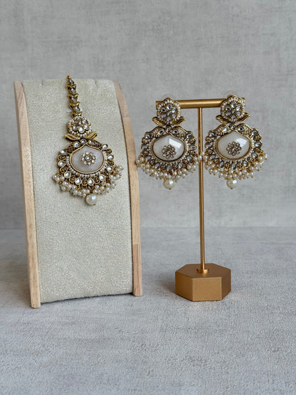 Ayura Designs Asra Tikka Set with Earrings – Ivory Stone, Kundan & Pearl Detailing