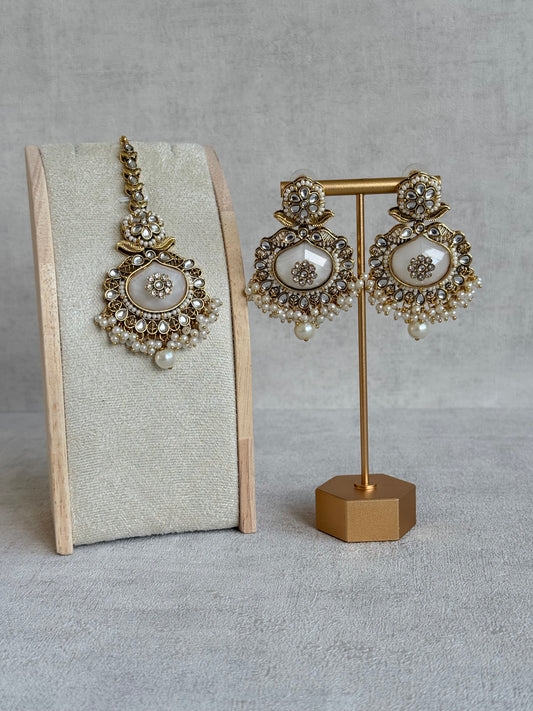 Ayura Designs Asra Tikka Set with Earrings – Ivory Stone, Kundan & Pearl Detailing