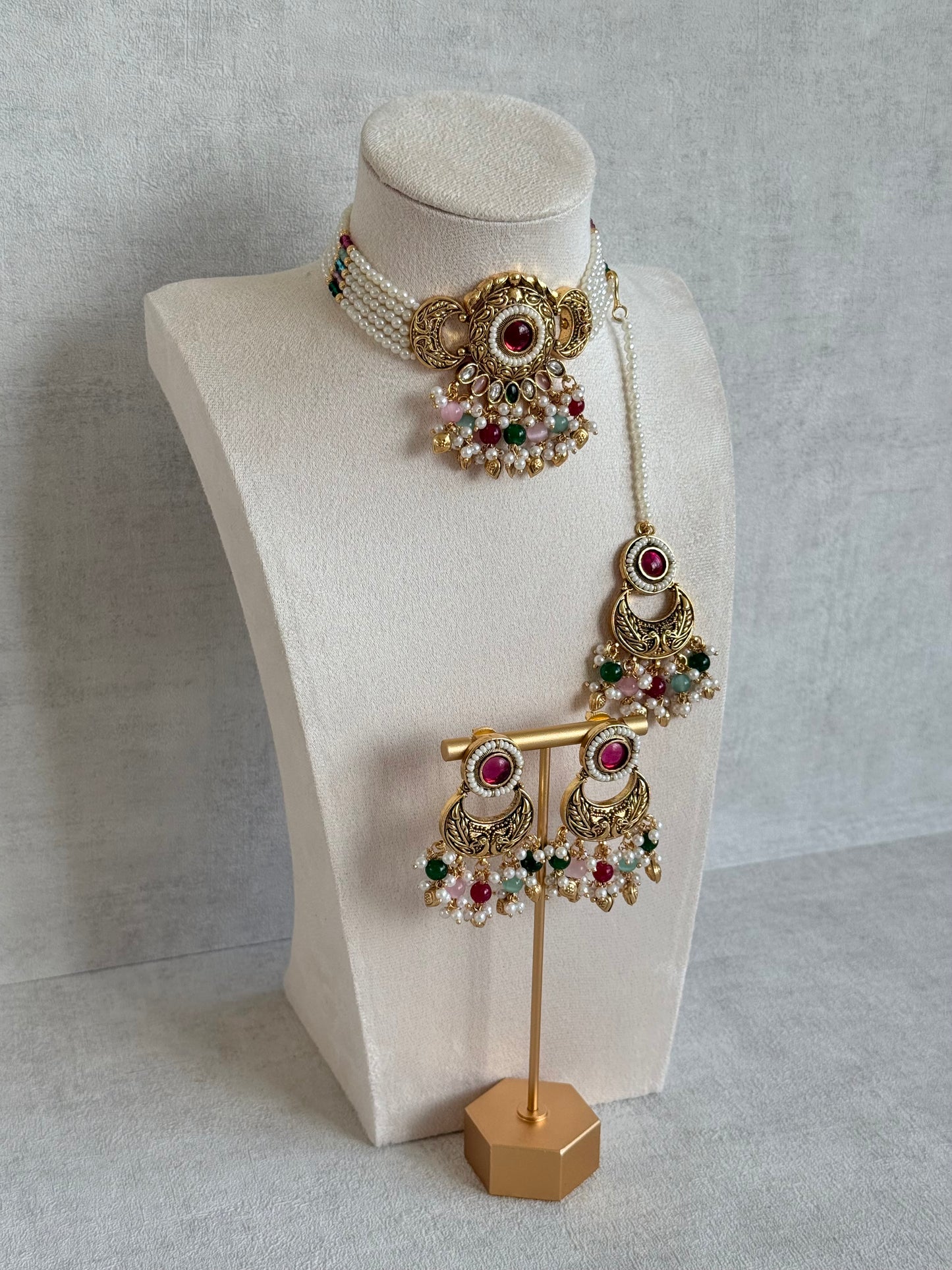 Ayura Designs Mehr Choker Set with Earrings & Tikka – Multicolour Beads, Ruby Pink Centre Stones, Pearl Strands & Antique Gold Finish