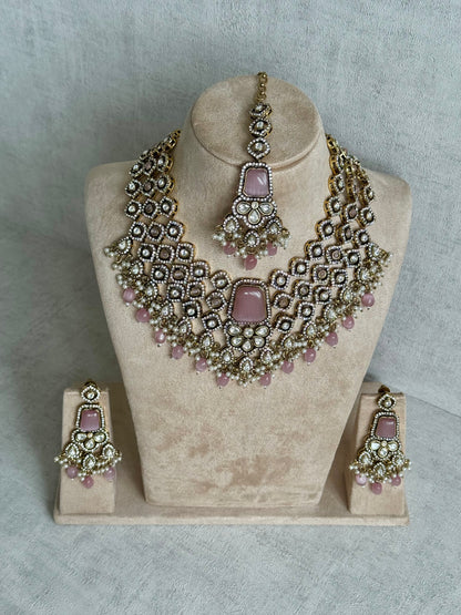 Ayura Designs Gulrukh Bridal Set with Necklace, Jhumkis & Tikka – Jadau Kundan Craftsmanship with Mirror-Cut Polki, Blush Rose Stones & Antique Gold Finish