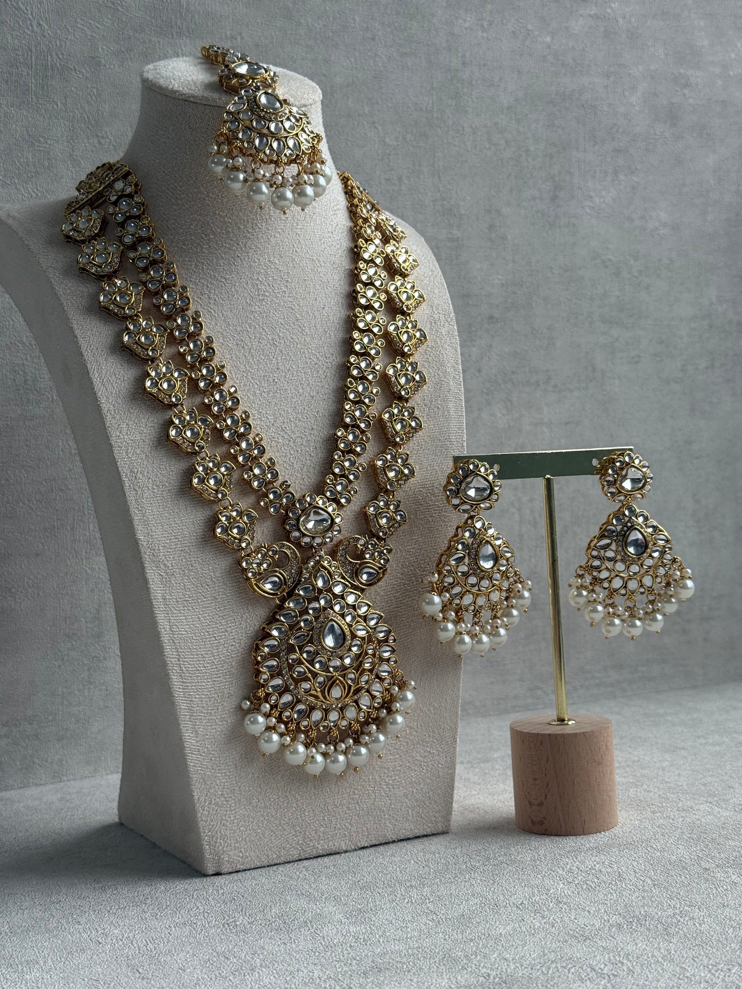 Ayura Designs Javeria Set with Earrings & Tikka – Ivory Pearls, Mirror Kundan & Gold Finish
