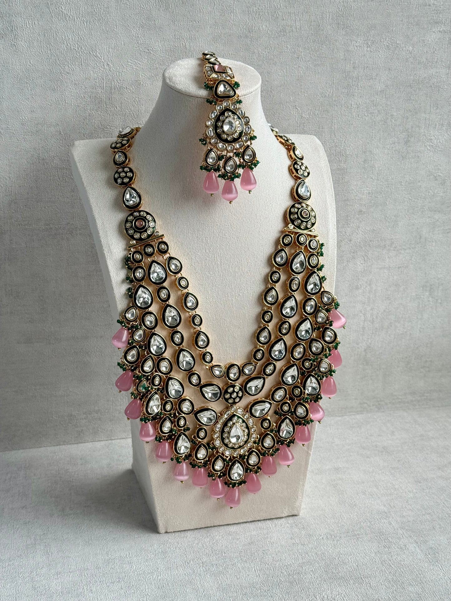 Ayura Designs Zahira Bridal Set with Necklace, Earrings & Tikka – Kundan Detailing with Blush Pink Drops, Green Enamel & Green Bead Accents