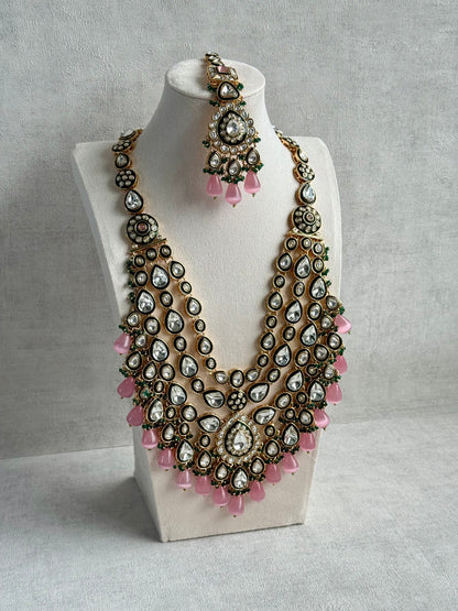 Ayura Designs Zahira Bridal Set with Necklace, Earrings & Tikka – Kundan Detailing with Blush Pink Drops, Green Enamel & Green Bead Accents
