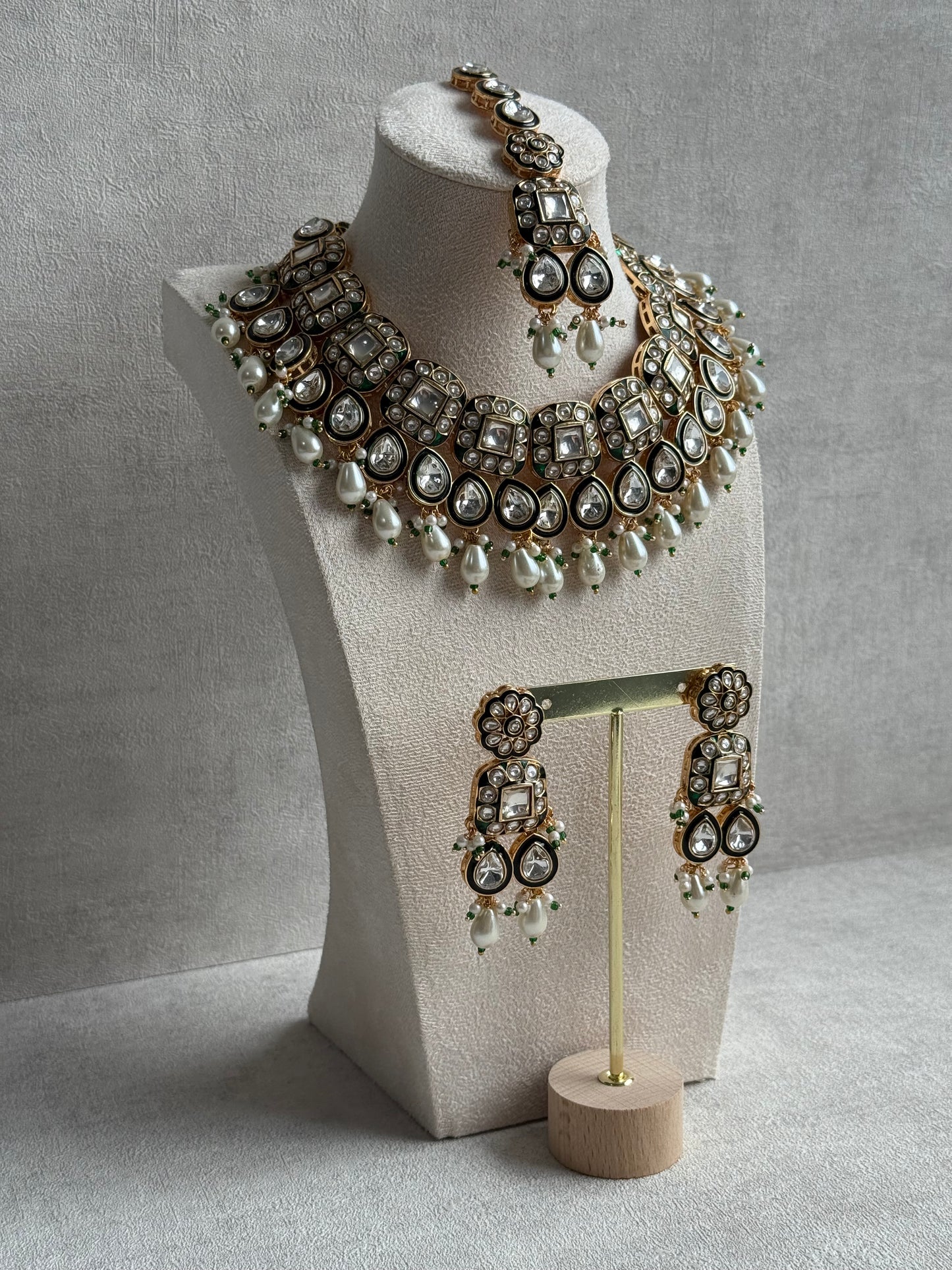 Ayura Designs Salma Set – Necklace, Earrings & Tikka with Mirror-Cut Kundan, Ivory Pearls, Emerald Green Meenakari & Gold Finish