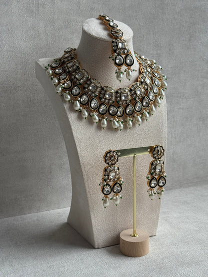 Ayura Designs Salma Set – Necklace, Earrings & Tikka with Mirror-Cut Kundan, Ivory Pearls, Emerald Green Meenakari & Gold Finish